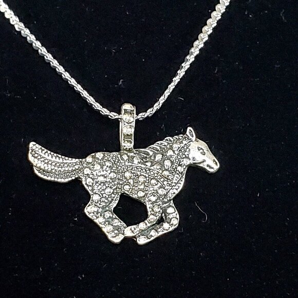 None Jewelry - Silver-Tone Galloping Horse Pony Mustang Pendant Necklace Equestrian